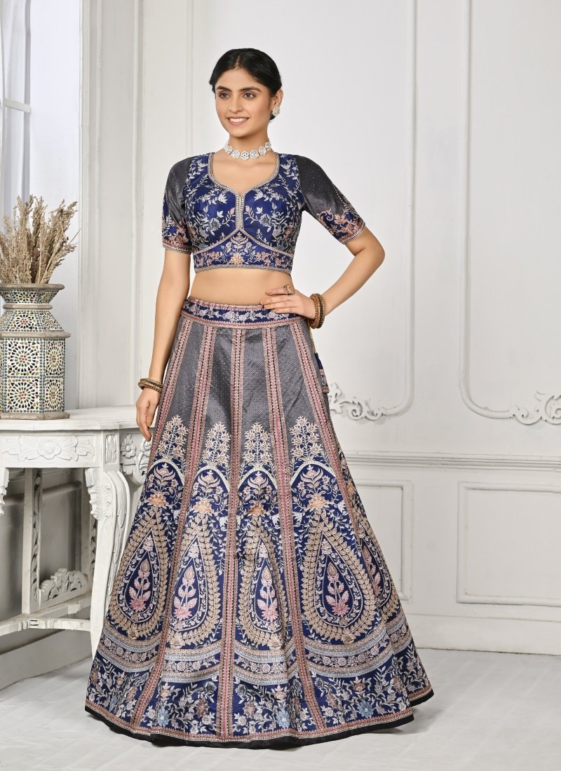 Blue Satin Silk Embroidered Lehenga Choli With Swarovski Crystal Work-2