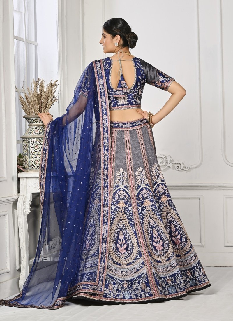 Blue Satin Silk Embroidered Lehenga Choli With Swarovski Crystal Work-2