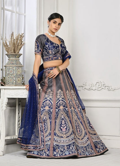 Blue Satin Silk Embroidered Lehenga Choli With Swarovski Crystal Work