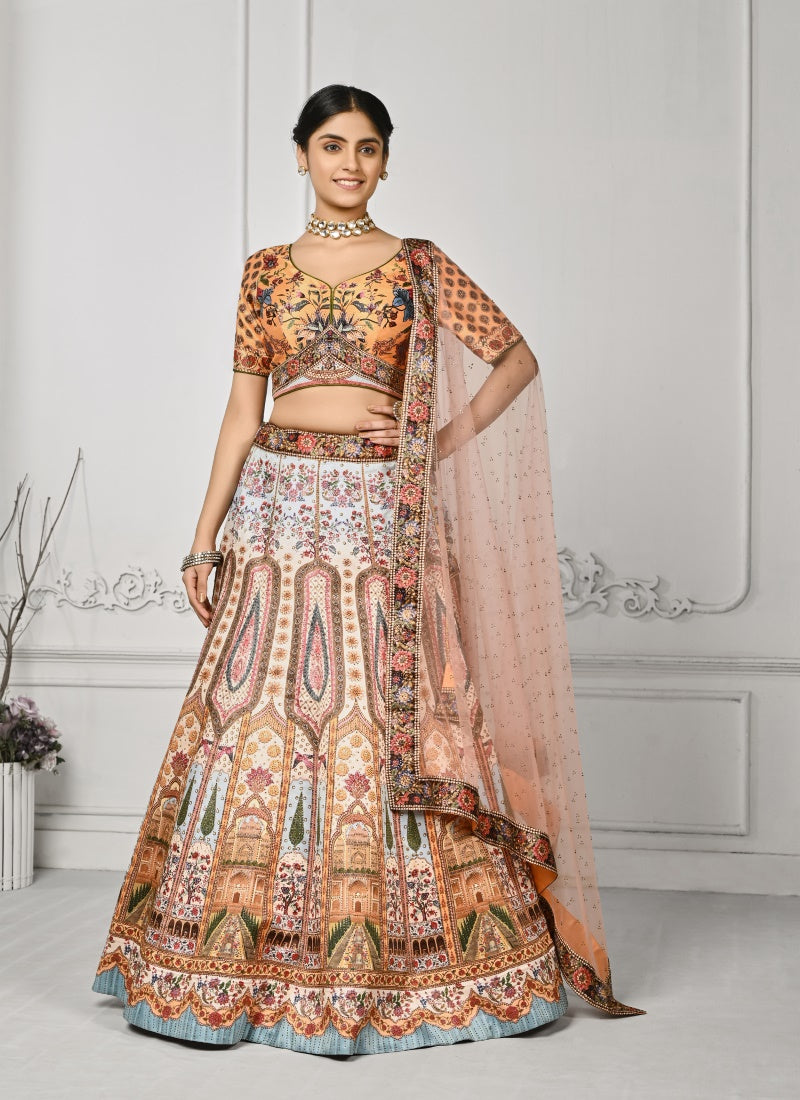 Peach Satin Silk Embroidered Lehenga Choli With Swarovski Crystal Work