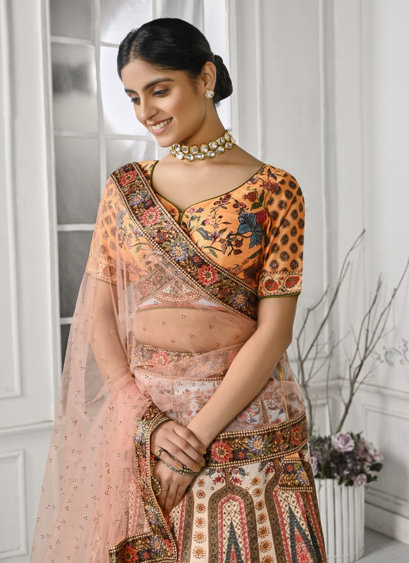 Peach Satin Silk Embroidered Lehenga Choli With Swarovski Crystal Work-2