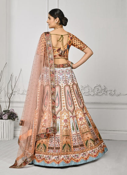 Peach Satin Silk Embroidered Lehenga Choli With Swarovski Crystal Work-2