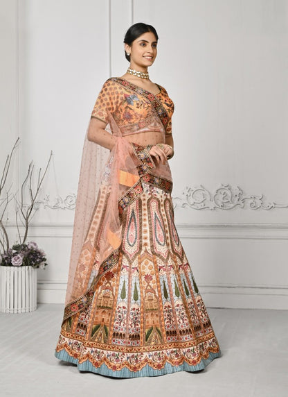 Peach Satin Silk Embroidered Lehenga Choli With Swarovski Crystal Work-2