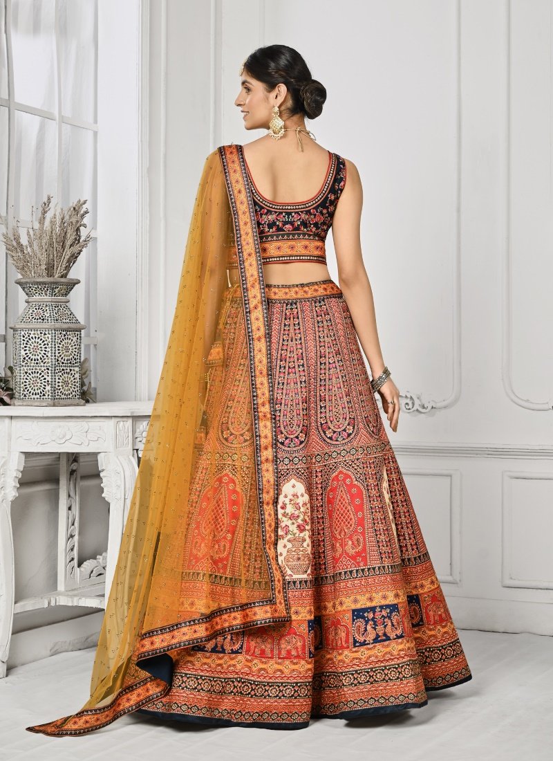 Orange Satin Silk Embroidered Lehenga Choli With Swarovski Crystal Work-2