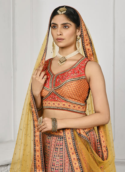 Orange Satin Silk Embroidered Lehenga Choli With Swarovski Crystal Work-2