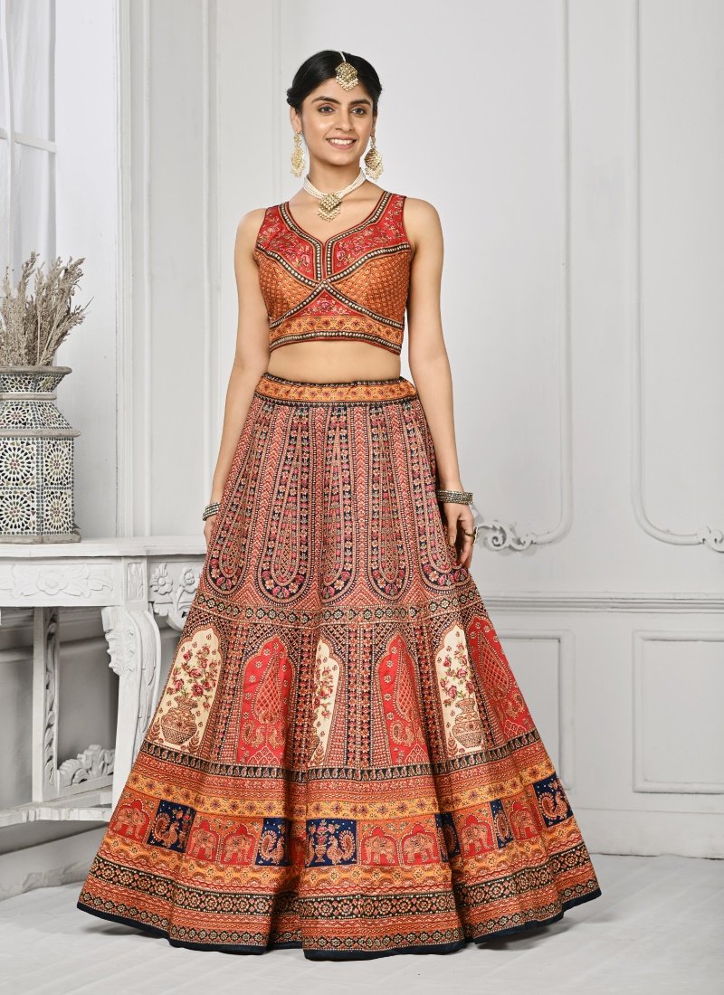 Orange Satin Silk Embroidered Lehenga Choli With Swarovski Crystal Work-2