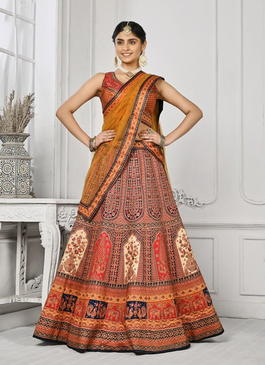 Orange Satin Silk Embroidered Lehenga Choli With Swarovski Crystal Work