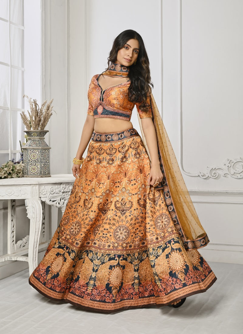 Orange Satin Silk Embroidered Lehenga Choli With Swarovski Crystal Work