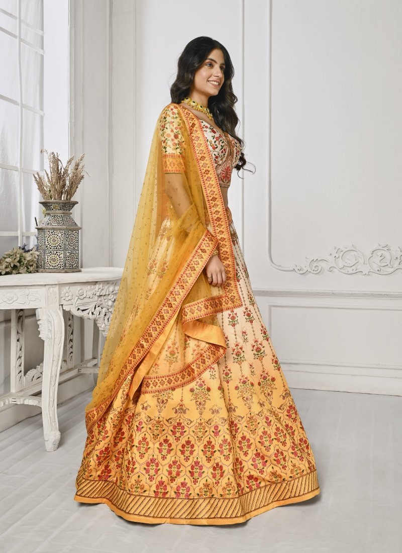 Yellow Satin Silk Embroidered Lehenga Choli With Swarovski Crystal Work