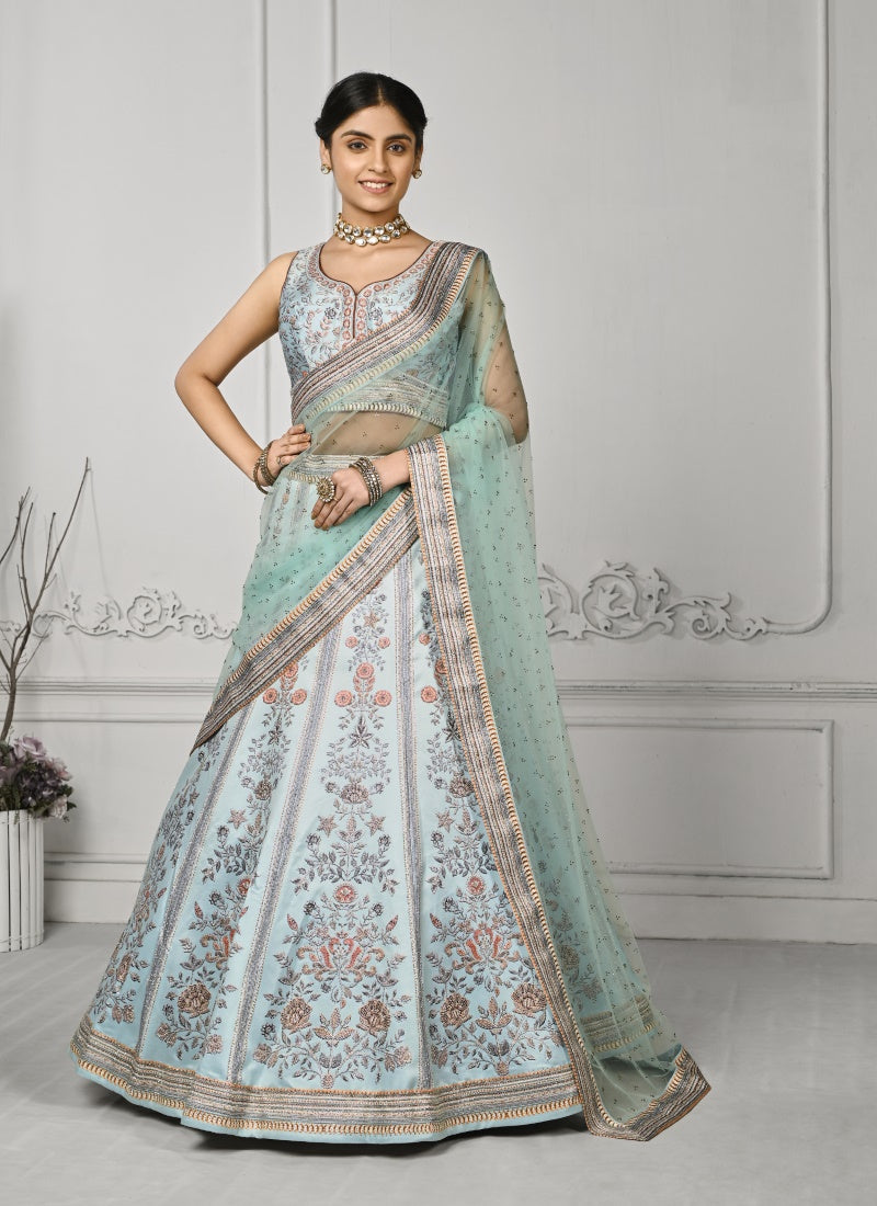 Sky Blue Satin Silk Embroidered Lehenga Choli With Swarovski Crystal Work