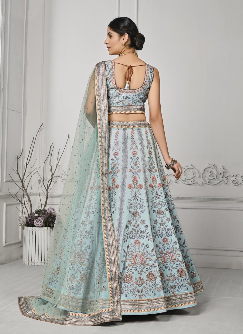 Sky Blue Satin Silk Embroidered Lehenga Choli With Swarovski Crystal Work-2