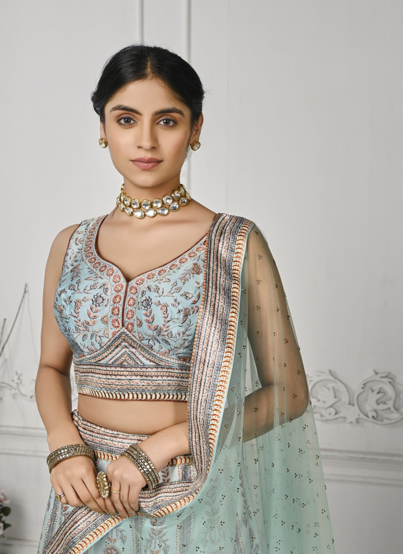 Sky Blue Satin Silk Embroidered Lehenga Choli With Swarovski Crystal Work-2