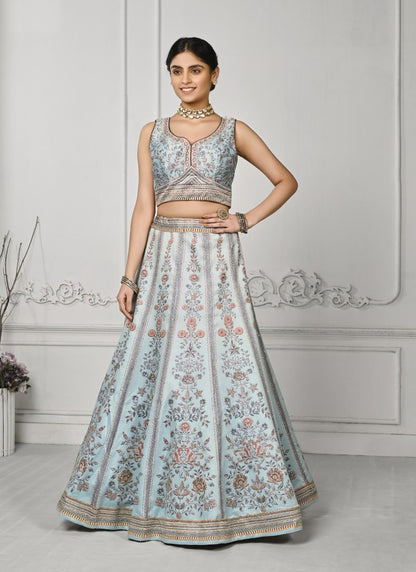 Sky Blue Satin Silk Embroidered Lehenga Choli With Swarovski Crystal Work-2