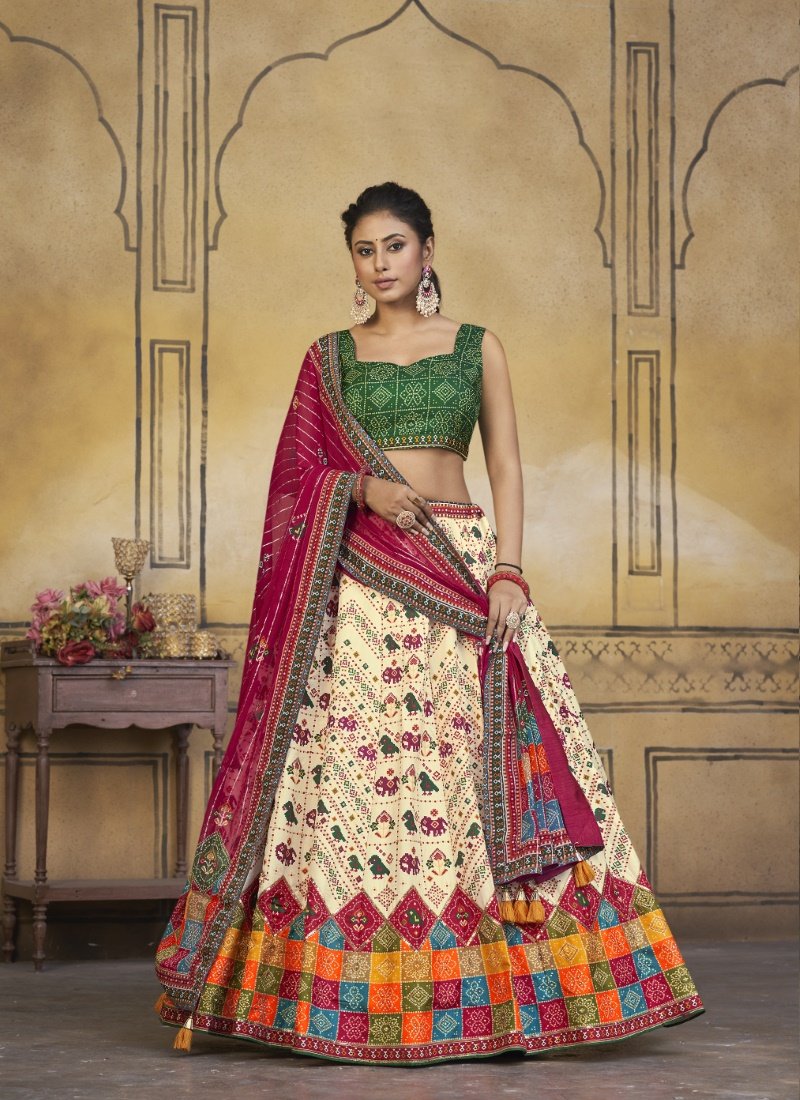 Beige Viscose Printed Lehenga Choli With Khatli Work