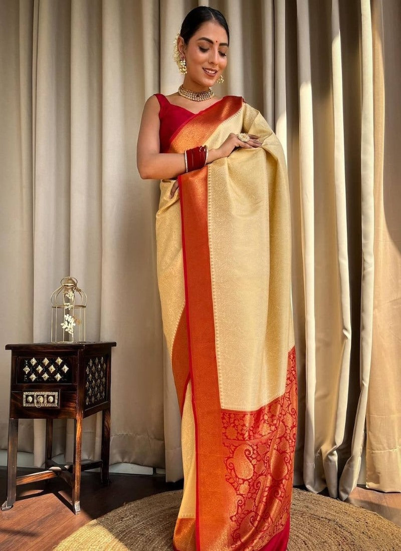 Cream Banarasi Silk Saree With Resham Work