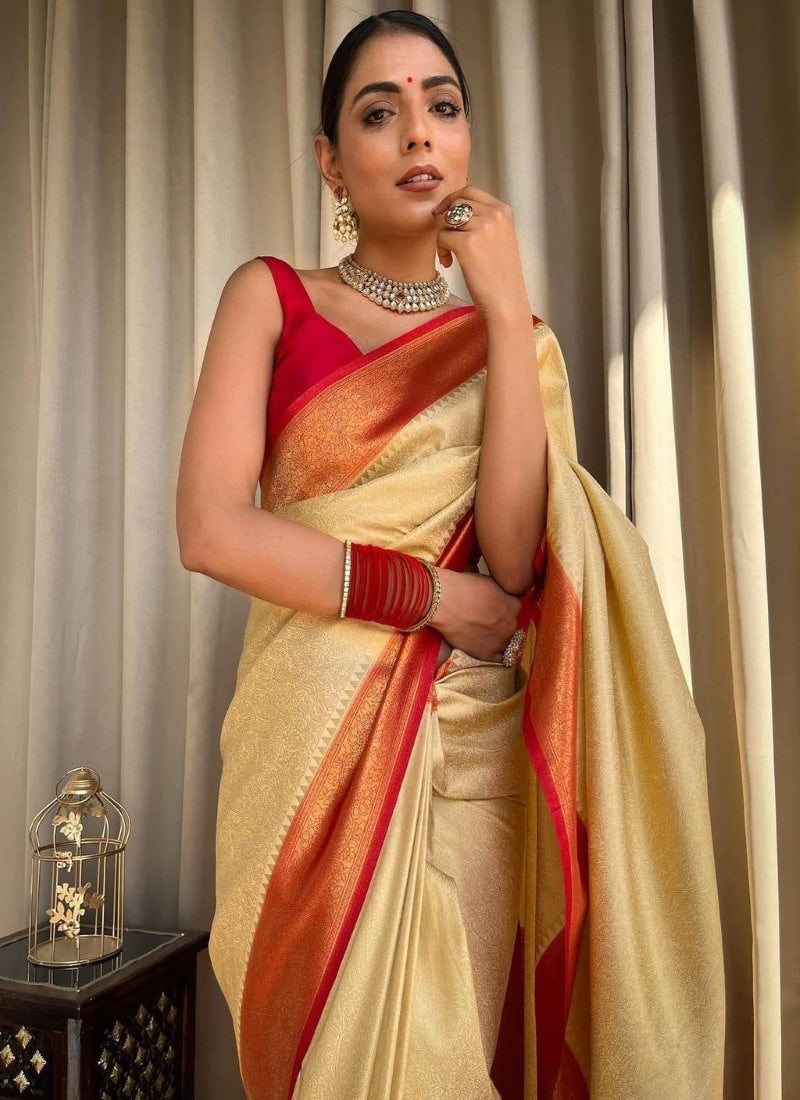 Cream Banarasi Silk Saree With Resham Work