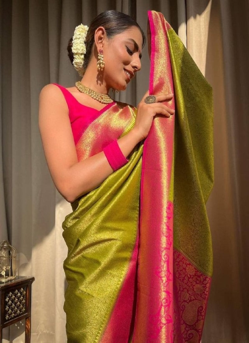 Pista Green Banarasi Silk Saree With Resham Work