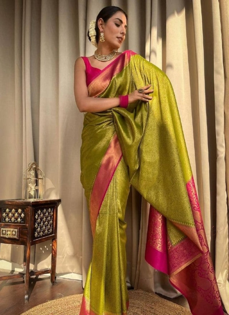 Pista Green Banarasi Silk Saree With Resham Work