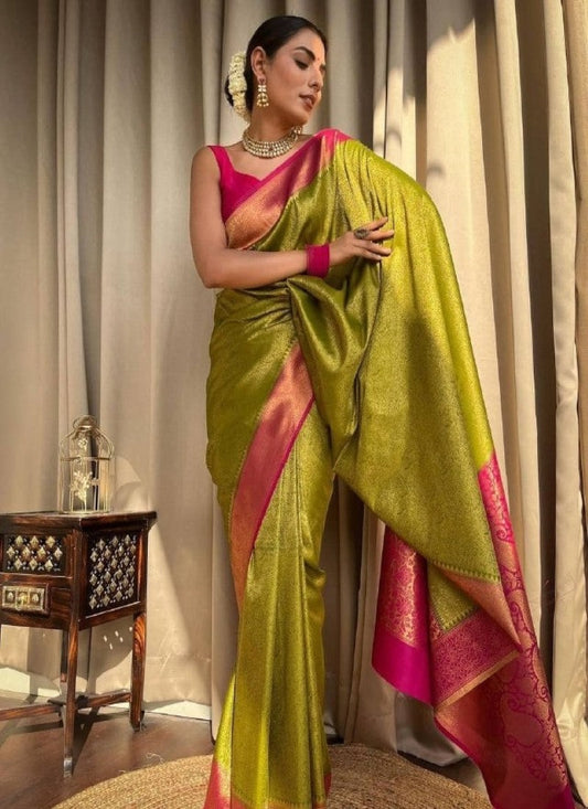Pista Green Banarasi Silk Saree With Resham Work