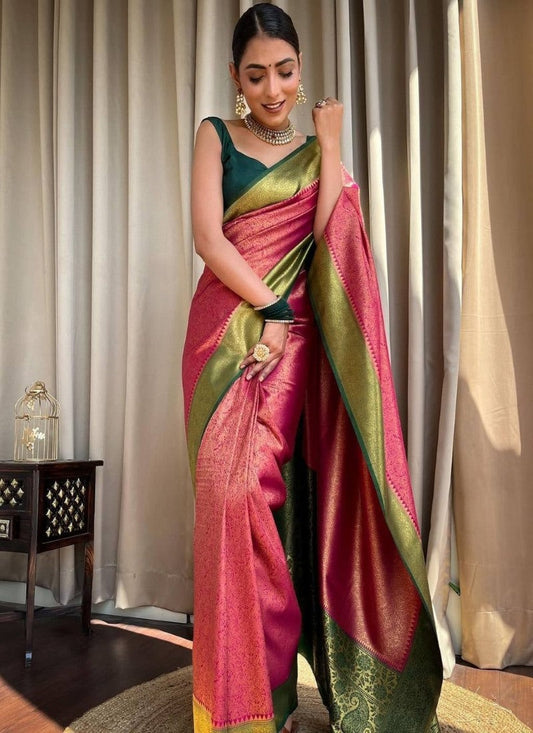 Pink Banarasi Silk Saree With Resham Work