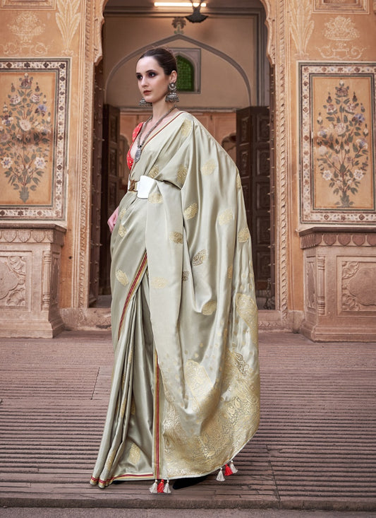 Beige Satin Saree With Zari Weaving & Contrast Blouse