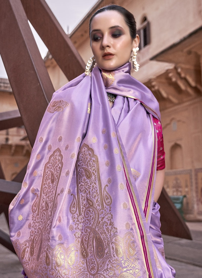 Lavender Satin Saree With Zari Weaving & Contrast Blouse-2