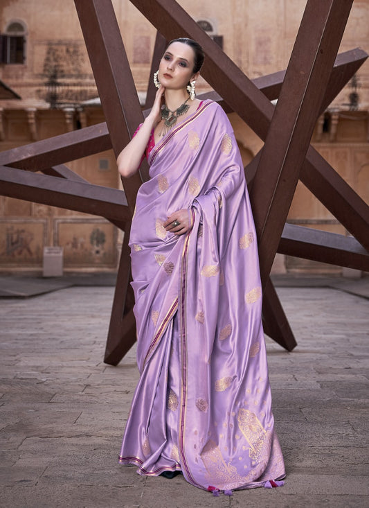 Lavender Satin Saree With Zari Weaving & Contrast Blouse