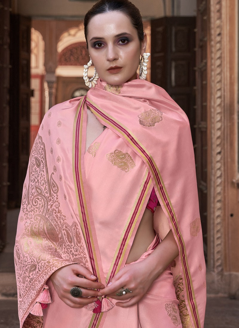 Pink Satin Saree With Zari Weaving & Contrast Blouse-2