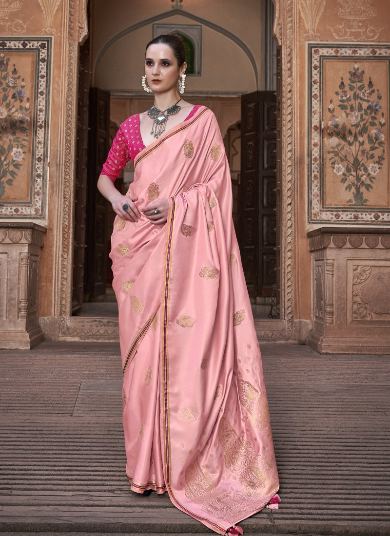 Pink Satin Saree With Zari Weaving & Contrast Blouse