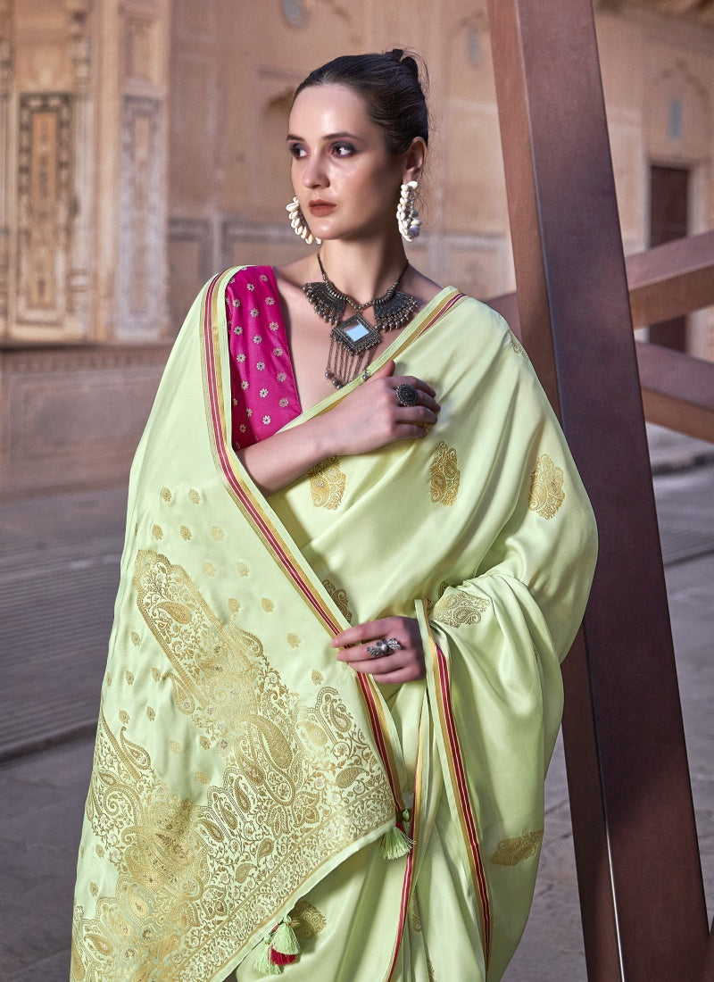 Pista Green Satin Saree With Zari Weaving & Contrast Blouse-2