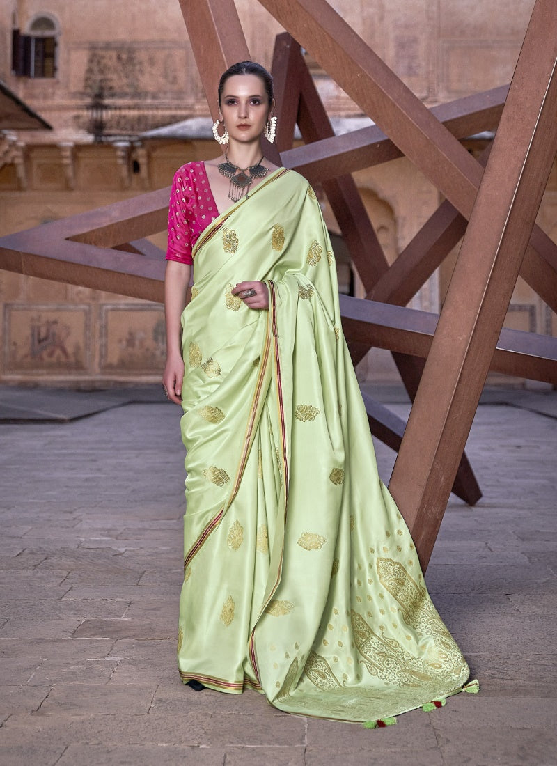 Pista Green Satin Saree With Zari Weaving & Contrast Blouse