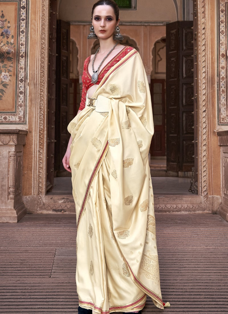 Light Yellow Satin Saree With Zari Weaving & Contrast Blouse