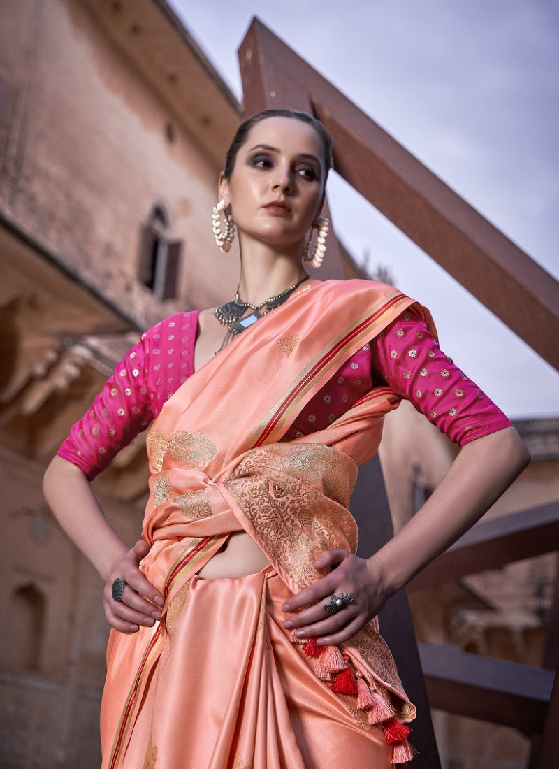 Orange Satin Saree With Zari Weaving & Contrast Blouse-2