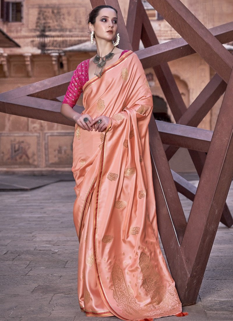 Orange Satin Saree With Zari Weaving & Contrast Blouse