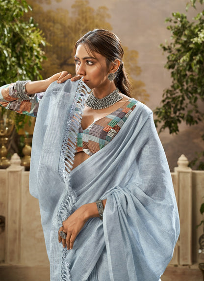 Sky Blue Khadi Linen Saree with Digital Print-2