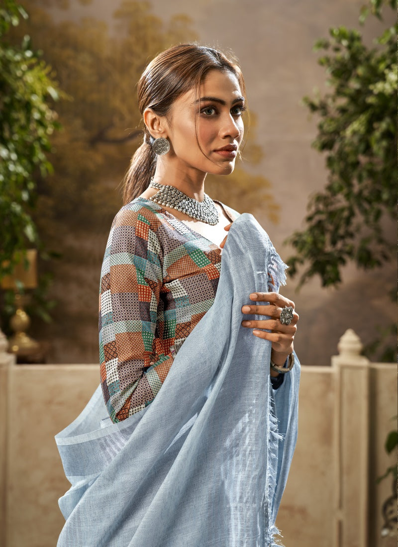 Sky Blue Khadi Linen Saree with Digital Print-2