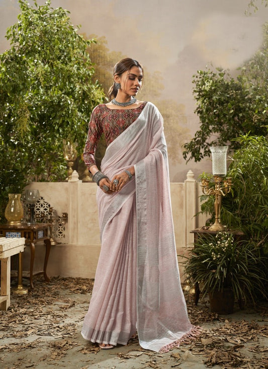 Pink Khadi Linen Saree with Digital Print