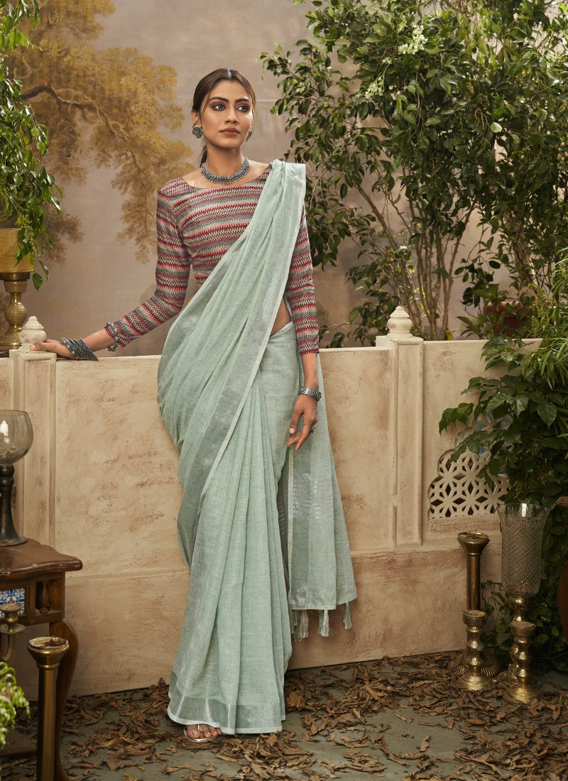 Light Green Khadi Linen Saree with Digital Print