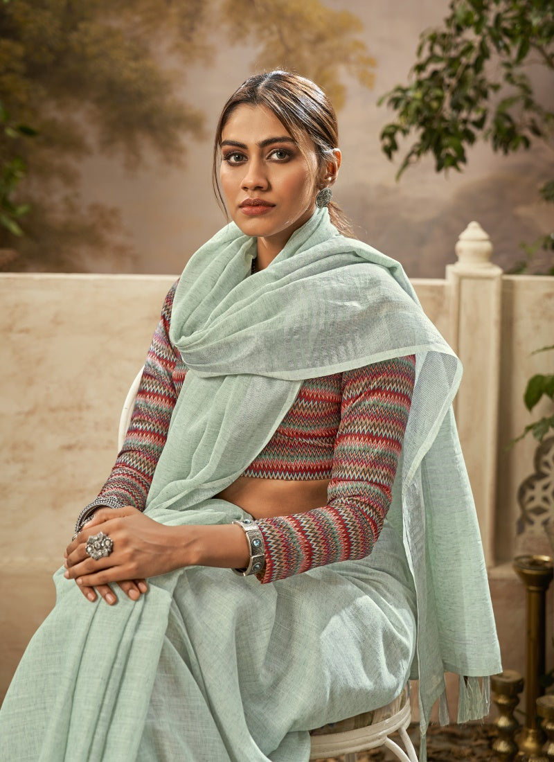 Light Green Khadi Linen Saree with Digital Print-2