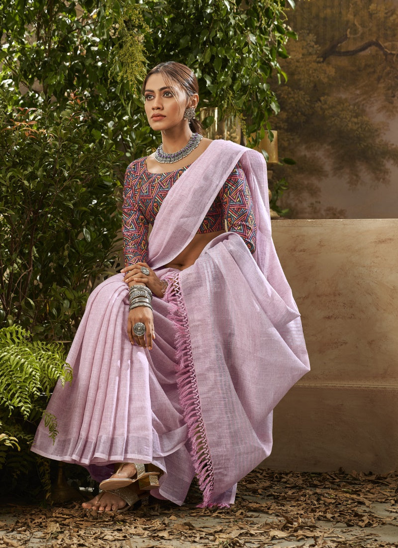 Pink Khadi Linen Saree with Digital Print-2