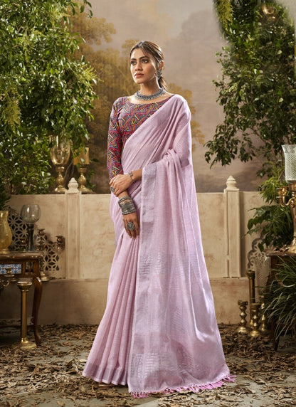 Pink Khadi Linen Saree with Digital Print