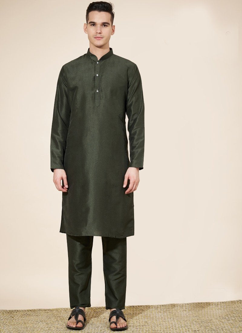 Olive Green Pure Silk Kurta Pajama