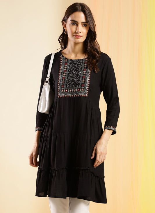 Black Cotton Embroidered Short Kurti