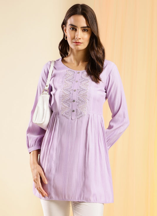 Light Purple Cotton Embroidered Short Kurti