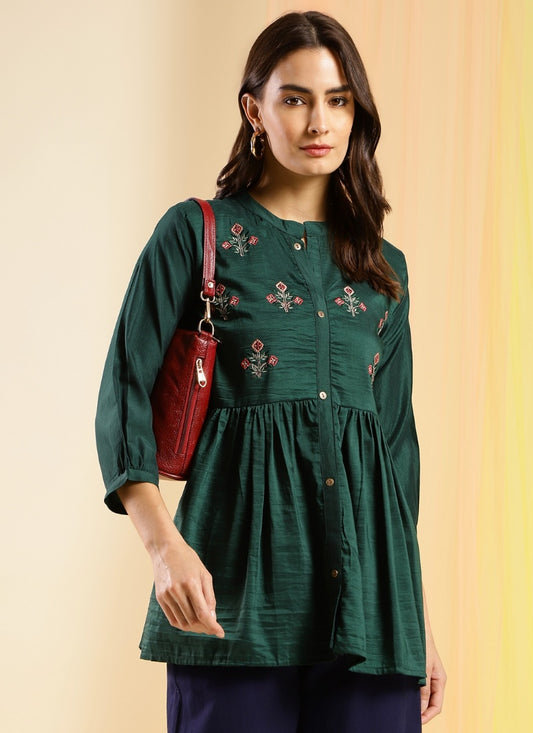 Green Cotton Embroidered Short Kurti