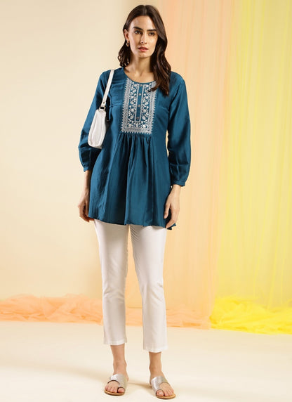 Teal Cotton Embroidered Short Kurti-2