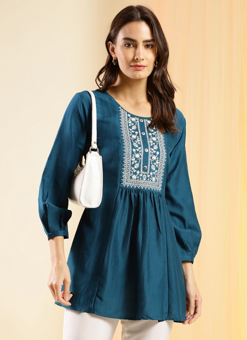 Teal Cotton Embroidered Short Kurti