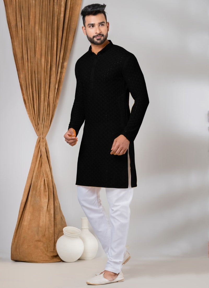 Black Rayon Men's Kurta Pajama With Sequins Work