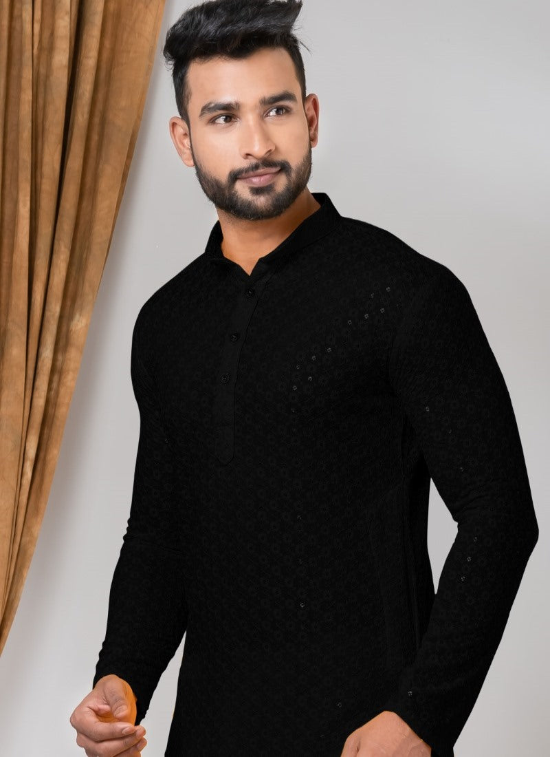 Black Rayon Men's Kurta Pajama With Sequins Work