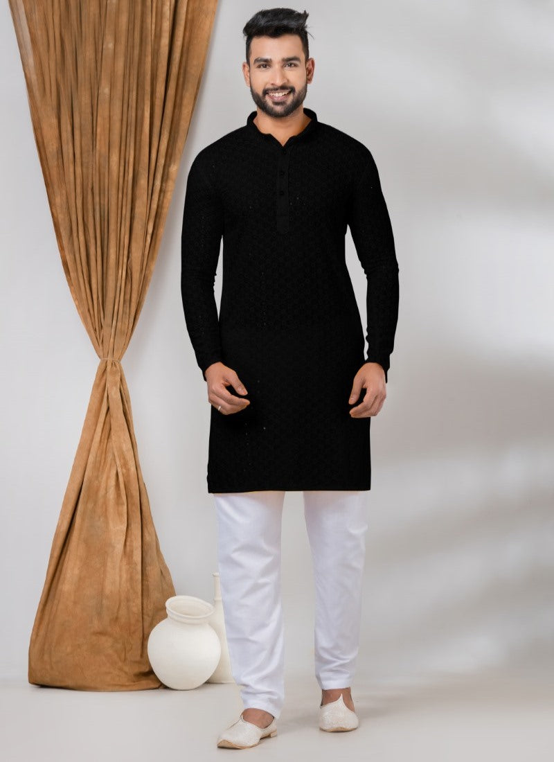 Black Rayon Men's Kurta Pajama With Sequins Work